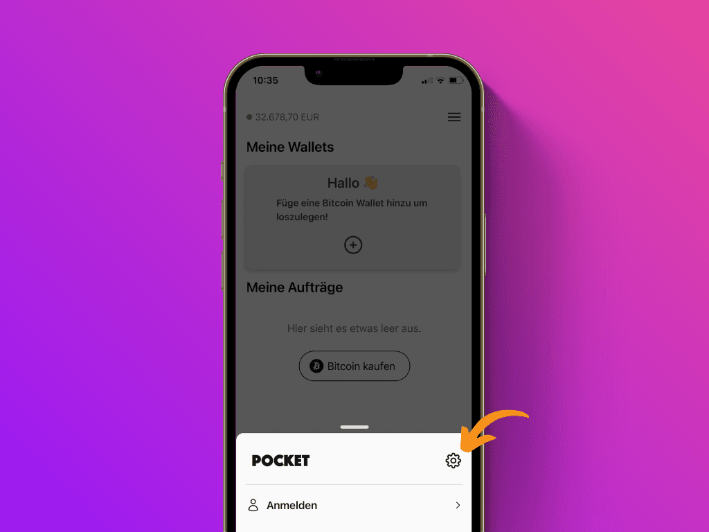 Bildschirmfoto der Pocket App mit Zeiger auf das Zahnrad-Symbol