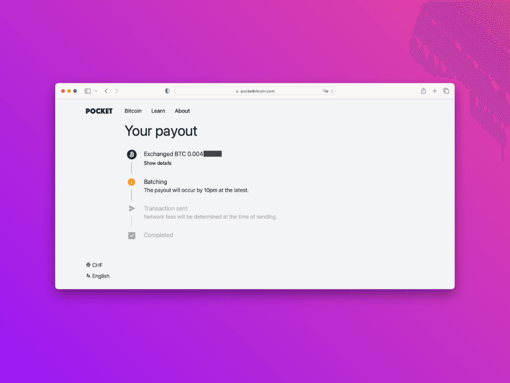 Screenshot of the website for tracking the bitcoin transaction before payout