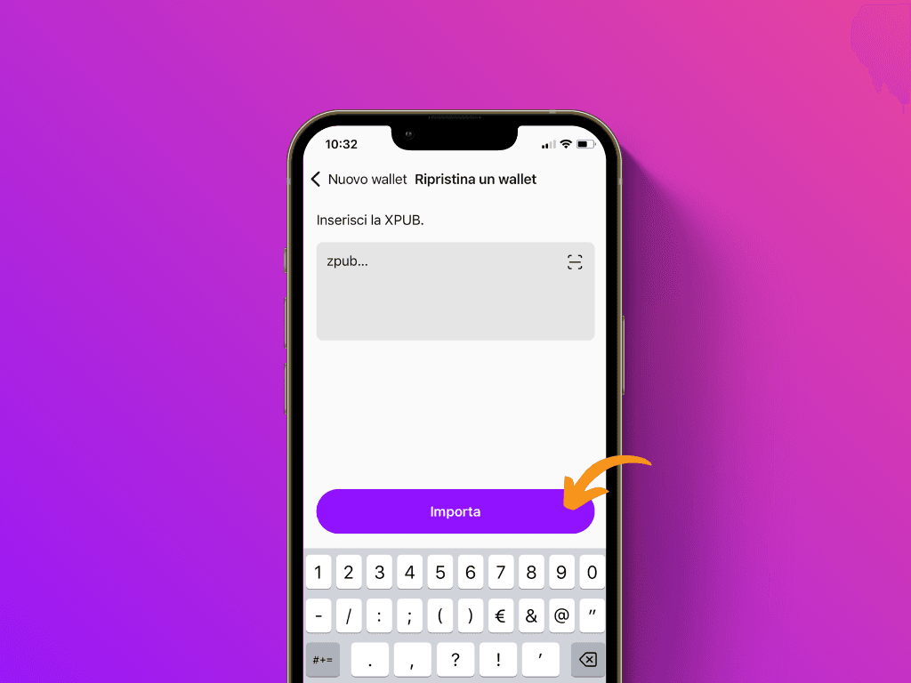 Schermata della Pocket App nella schermata di importazione di XPub