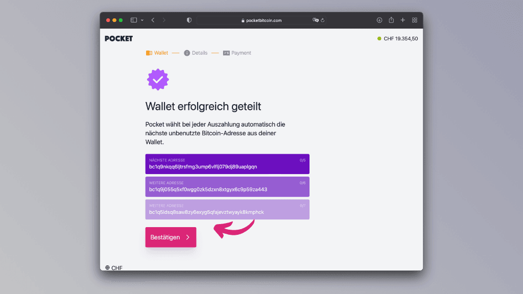 Bildschirmfoto deiner erfolgreich geteilten Bitcoin-Wallet auf der Pocket-Webseite