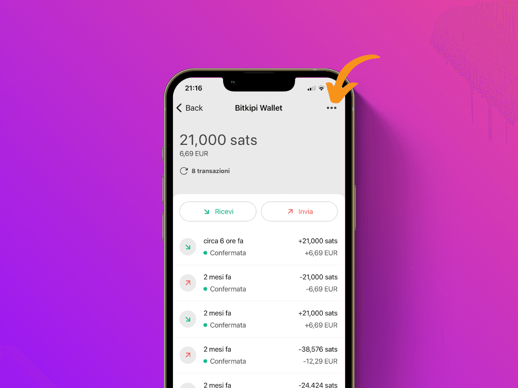 Schermata dell'app Bitkipi che punta al menu