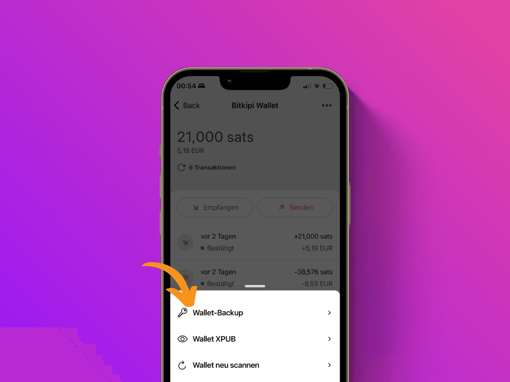 Bildschirmfoto der Bitkipi App mit Zeiger auf den Menü-Punkt "Wallet-Backup"