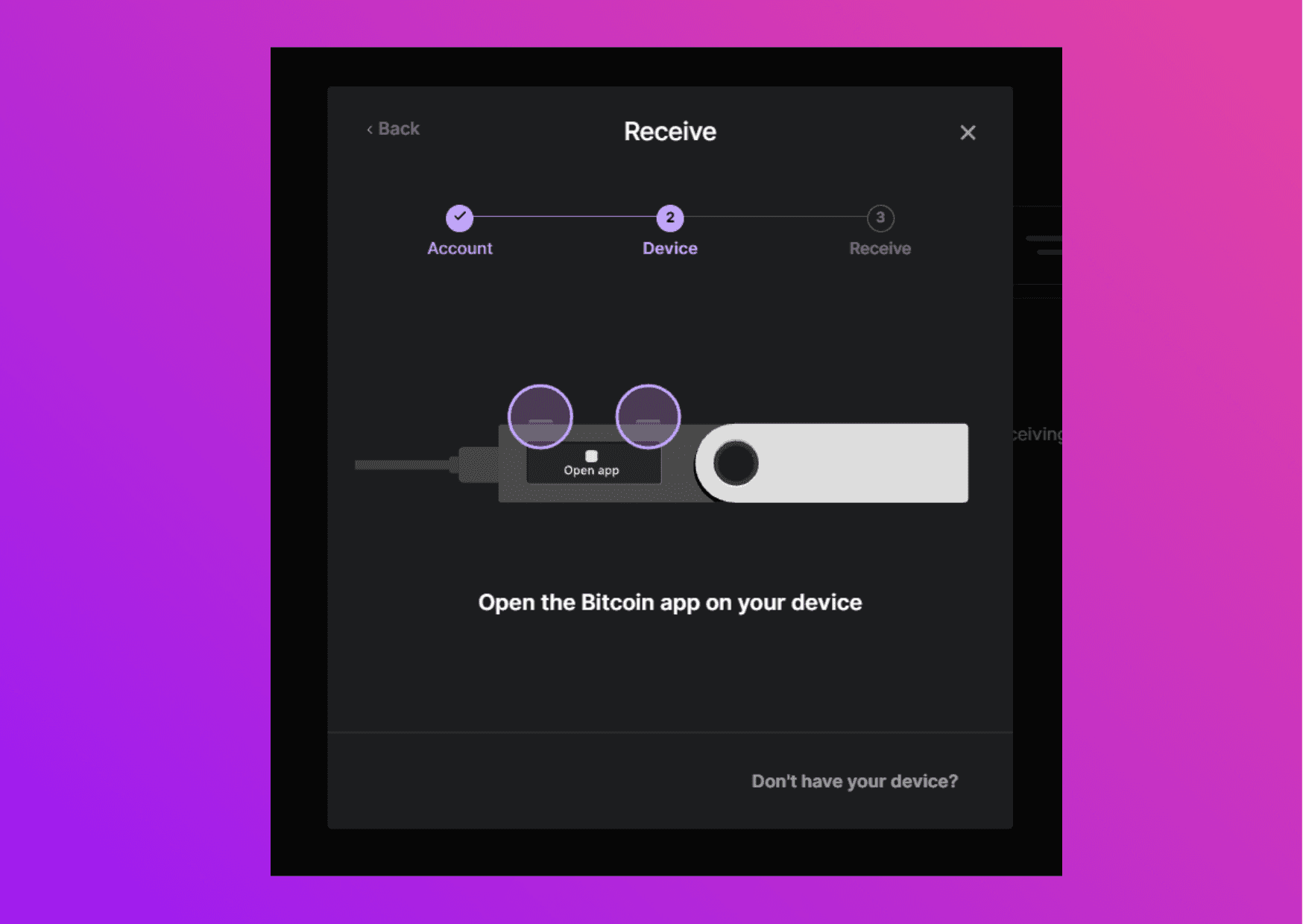 Screenshot Ledger Live asking you to open the bitcoin app 