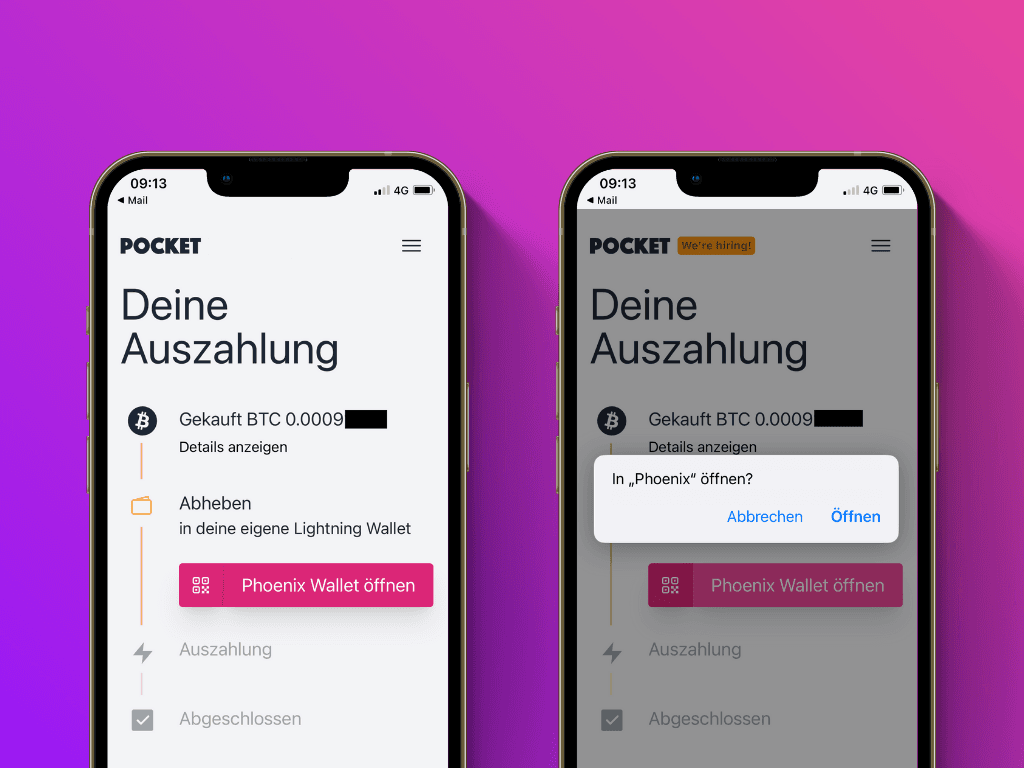 Bildschirmfoto des Auszahlungs-Screens im Lightning Top-Up Prozess von Pocket