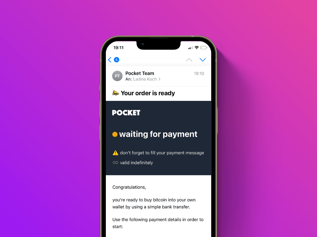 Screenshot of the confirmation email from Pocket after order creation