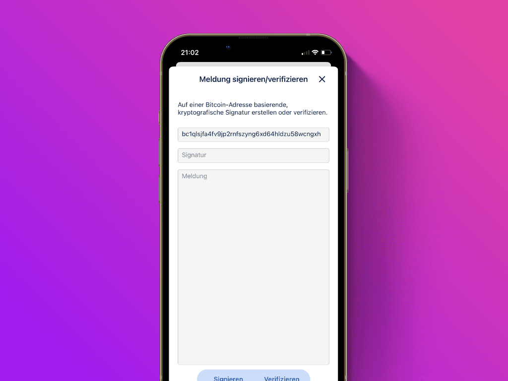 Bildschirmfoto der BlueWallet mit je ein Feld für Signatur und für Meldung