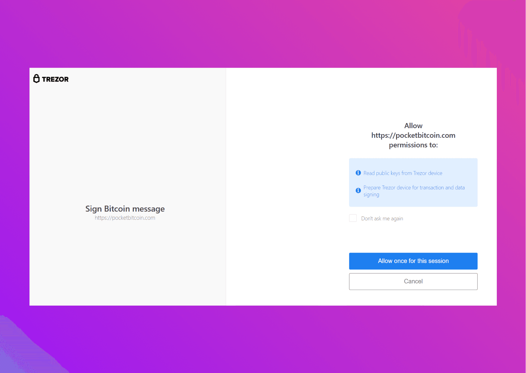 Screenshot Trezor Bridge Bitcoin message signing