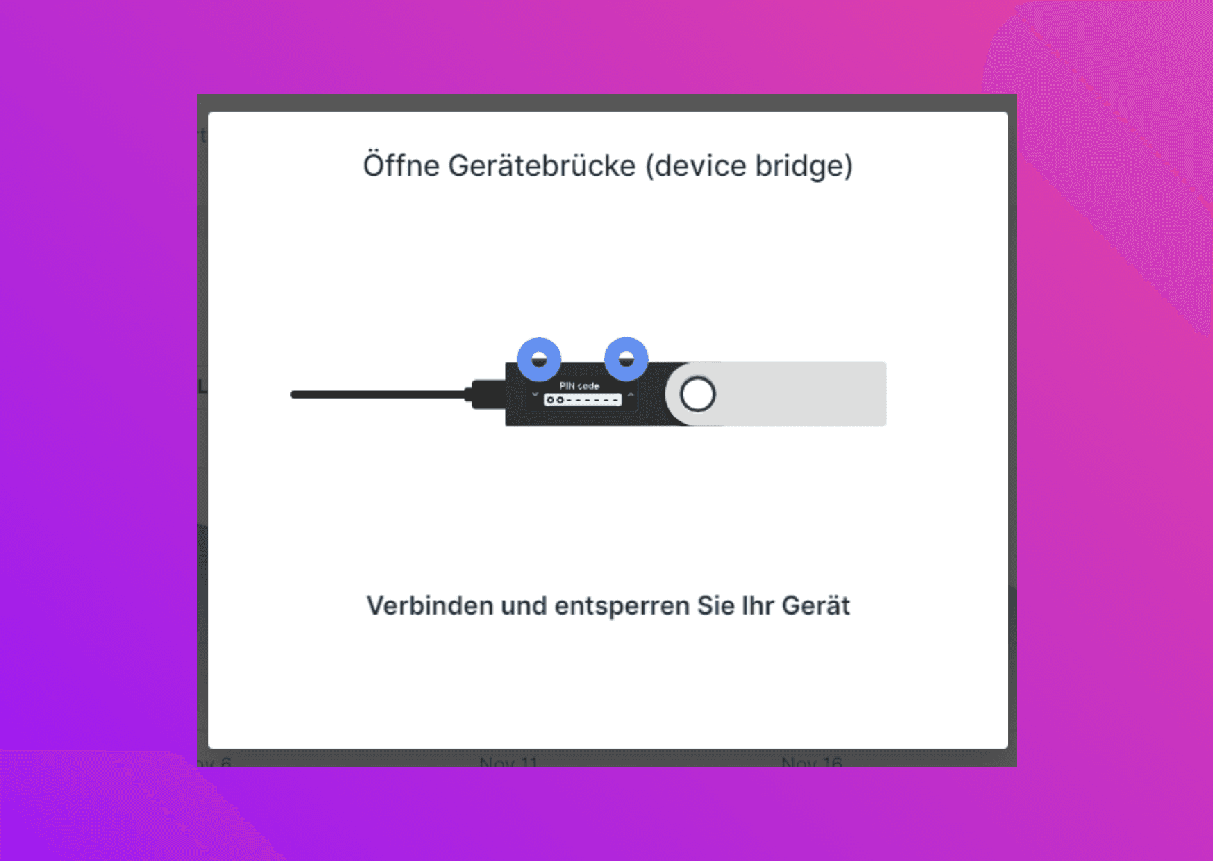 Bildschirmfoto mit Ledger Live mit der Aufforderung, den Ledger zu verbinden