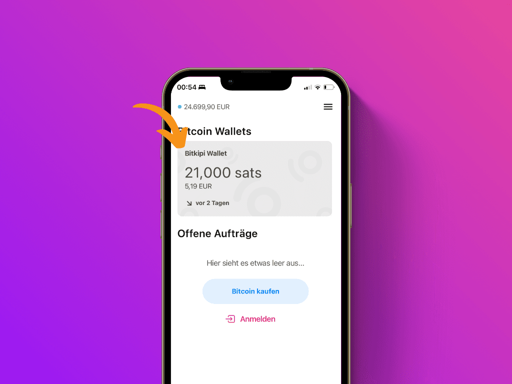 Bildschirmfoto der Bitkipi App mit Zeiger auf die Wallet