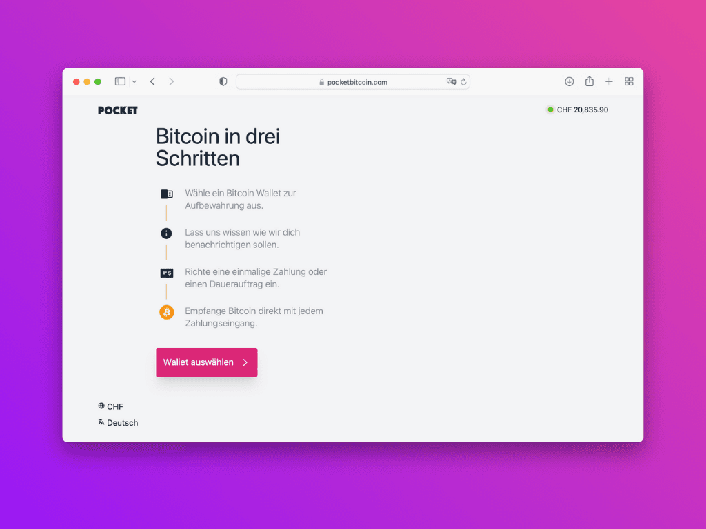 Bildschirmfoto der Pocket-Website mit dem Button Wallet auswählen