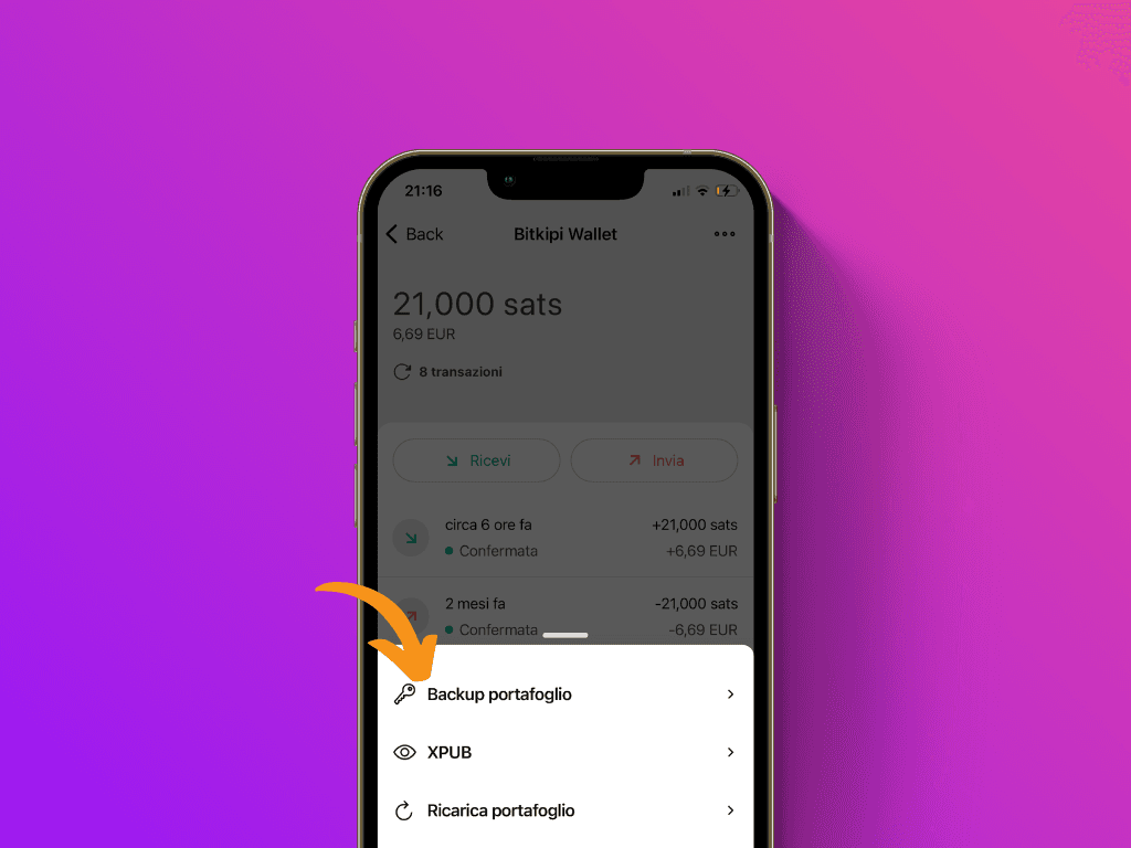 Schermata dell'app Bitkipi che punta alla voce di menu "Backup wallet"