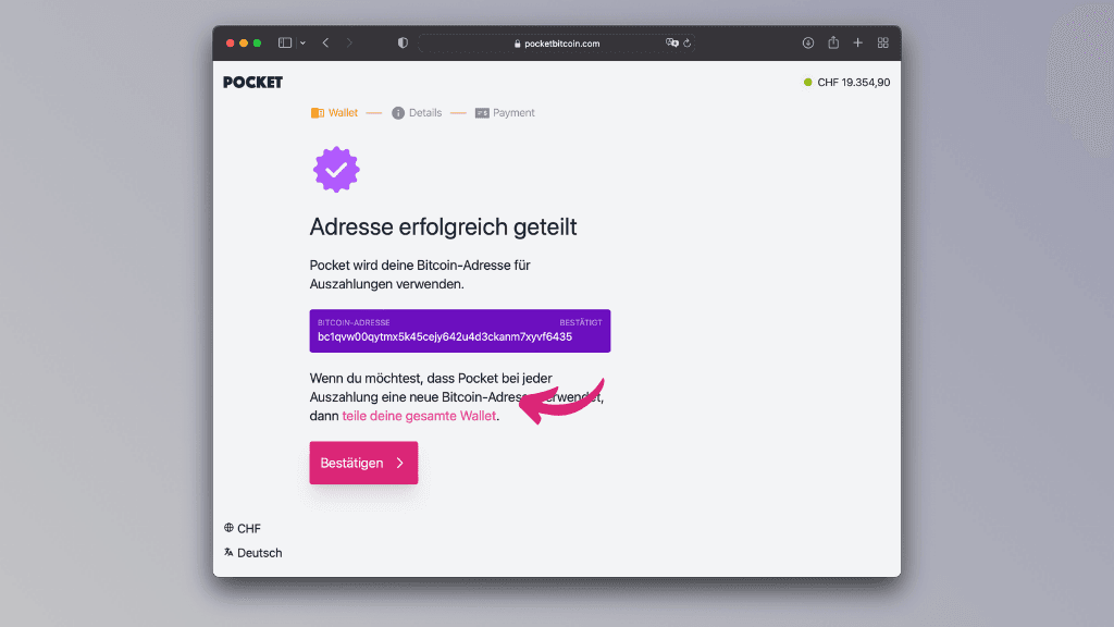 Bildschirmfoto der Option eine ganze Wallet zu teilen auf der Pocket-Webseite