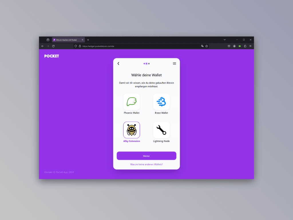 Bildschirmfoto des Wallet-Auswahl-Screens von Pockets Lightning Top-Up Service