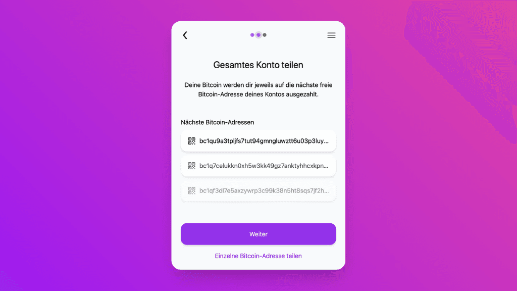 Bildschirmfoto verschiedener Bitcoin-Adressen im Pocket-Widget