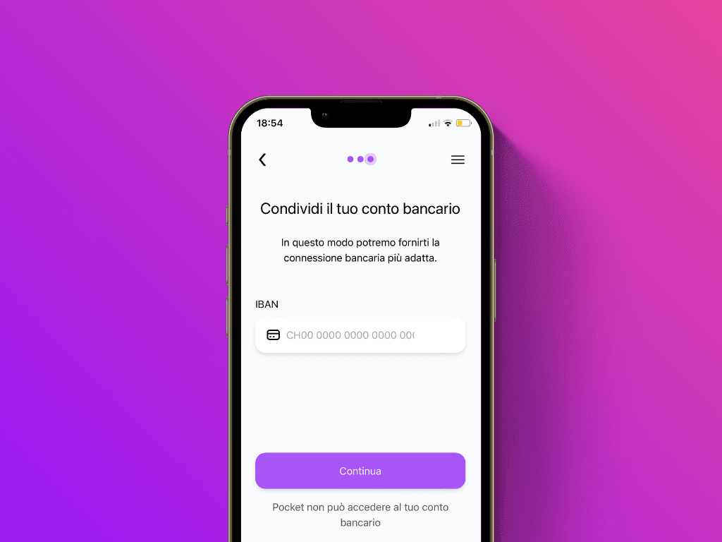 Schermata di inserimento dell'IBAN del servizio di ricarica Lightning di Pocket