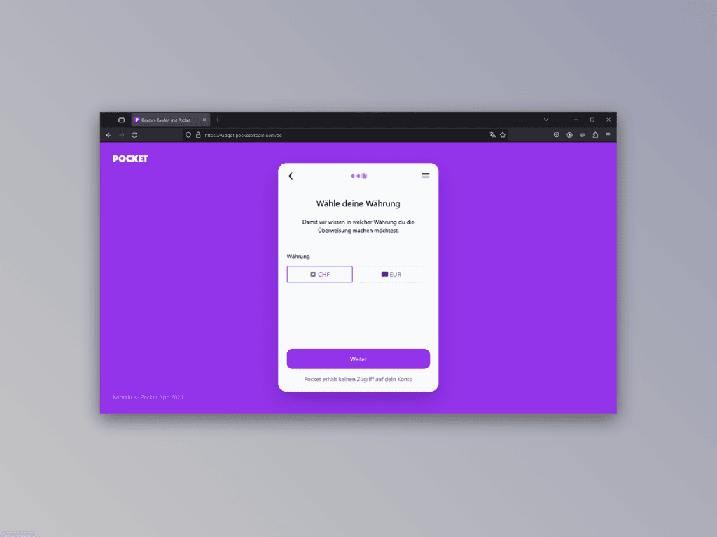 Bildschirmfoto des Währungs-Auswahl-Screens von Pockets Lightning Top-Up Service