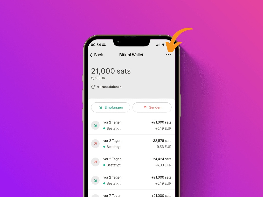 Bildschirmfoto der Bitkipi App mit Zeiger auf das Menü