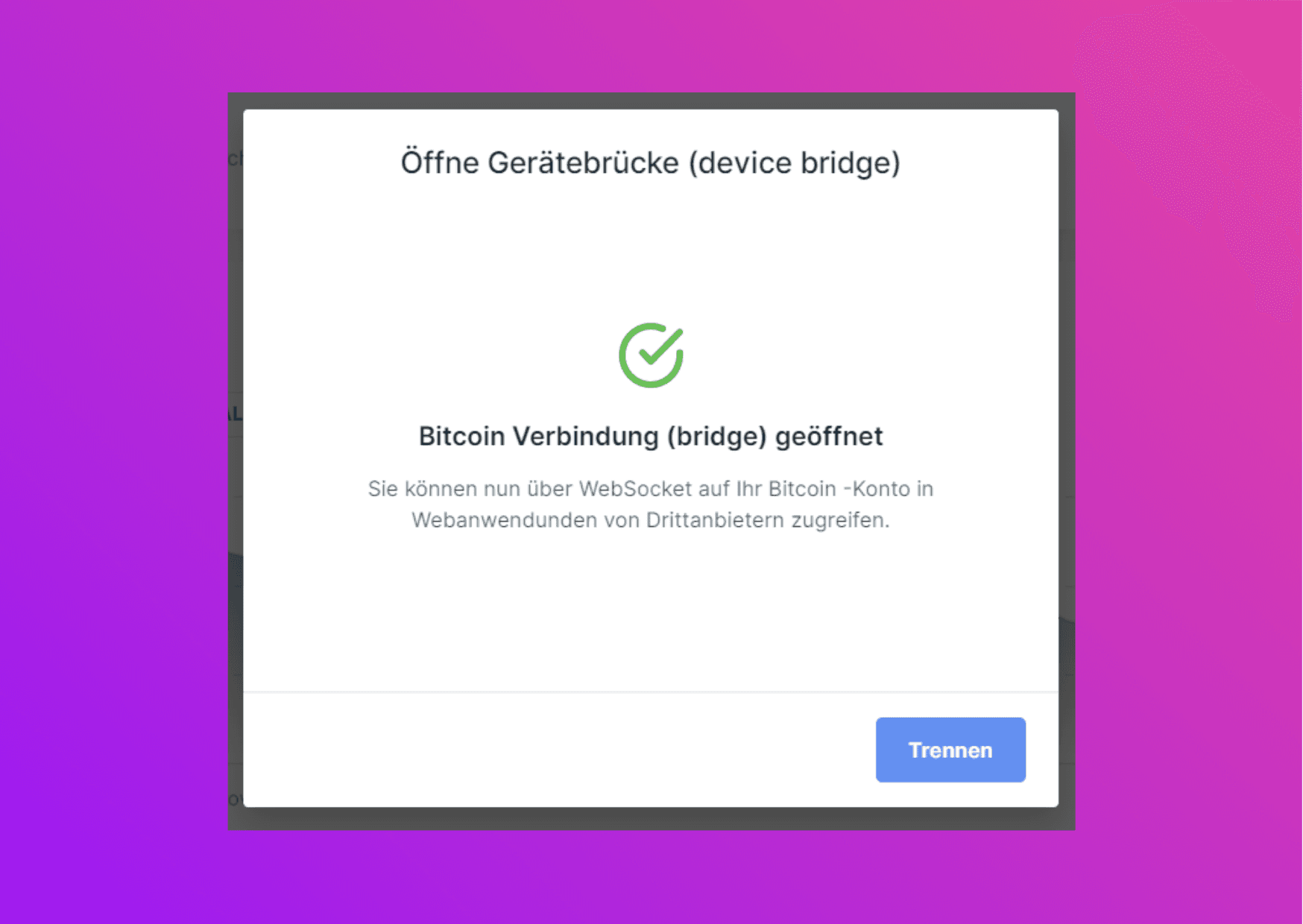 Bildschirmfoto mit mit der Bestätigung im Ledger Live