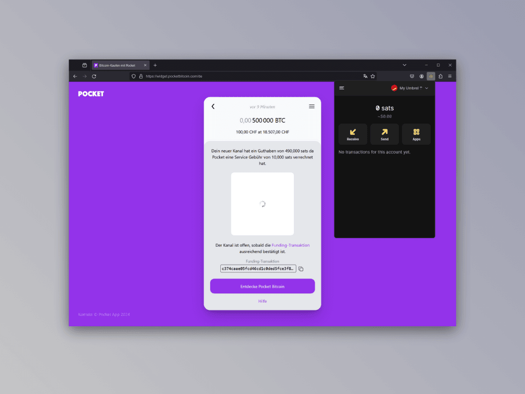 Bildschirmfoto des Screens während der Eröffnung eines neuen Lightning-Kanals mit Pocket