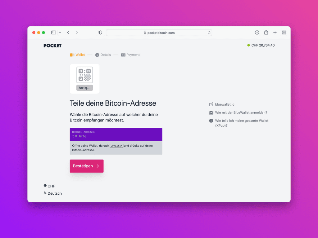 Bildschirmfoto der Pocket-Website mit der Aufforderung die Bitcoin-Adresse zu teilen