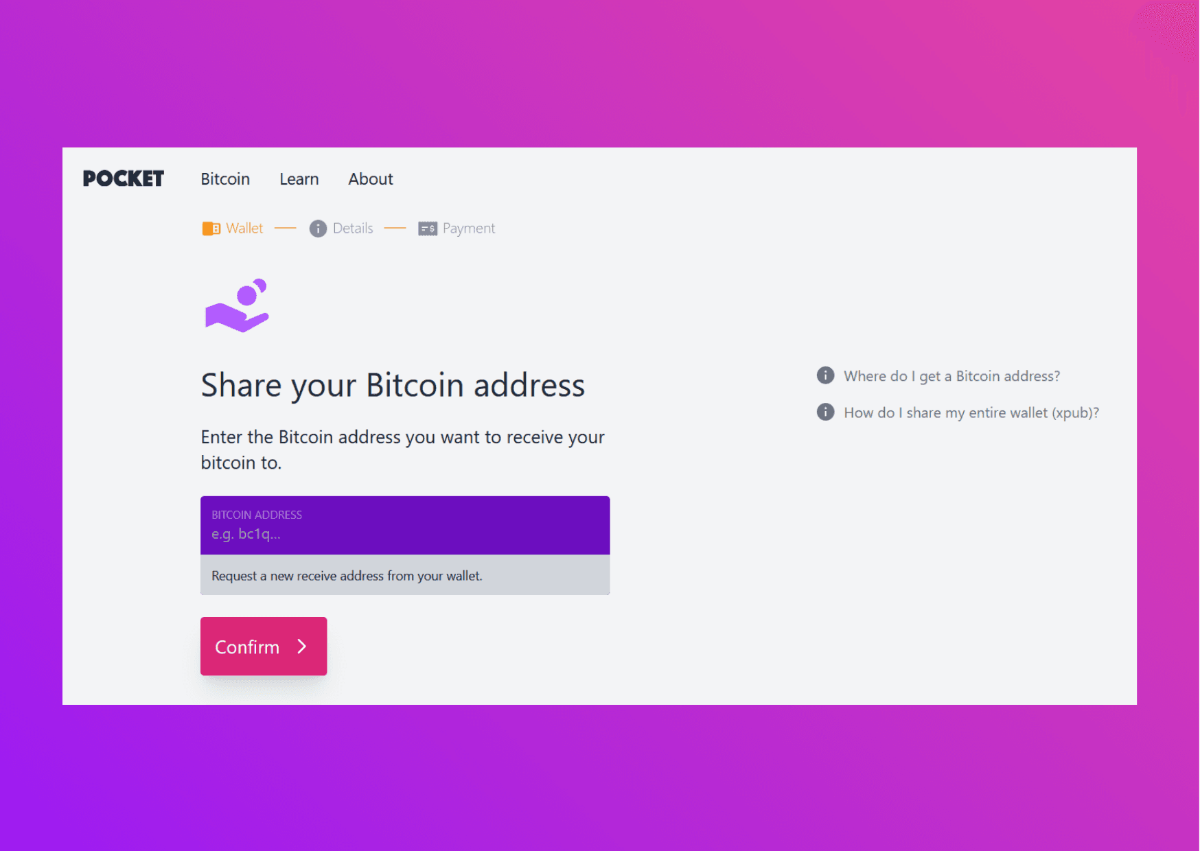 Screenshot of the Pocket website with the bitcoin address input field