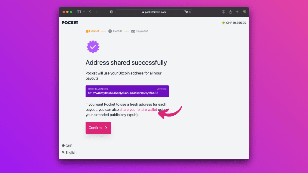 Screenshot of the Pocket website with the option to share your entire wallet with Pocket