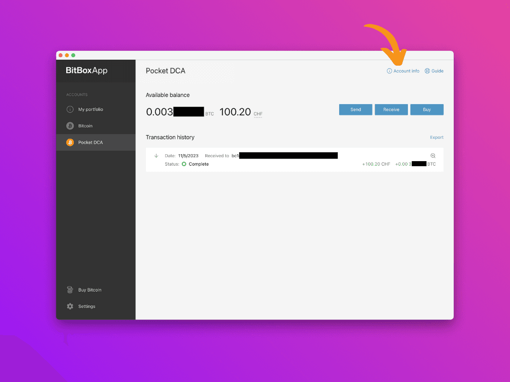 Screenshot of the BitBoxApp with pointer to the "Account info" link