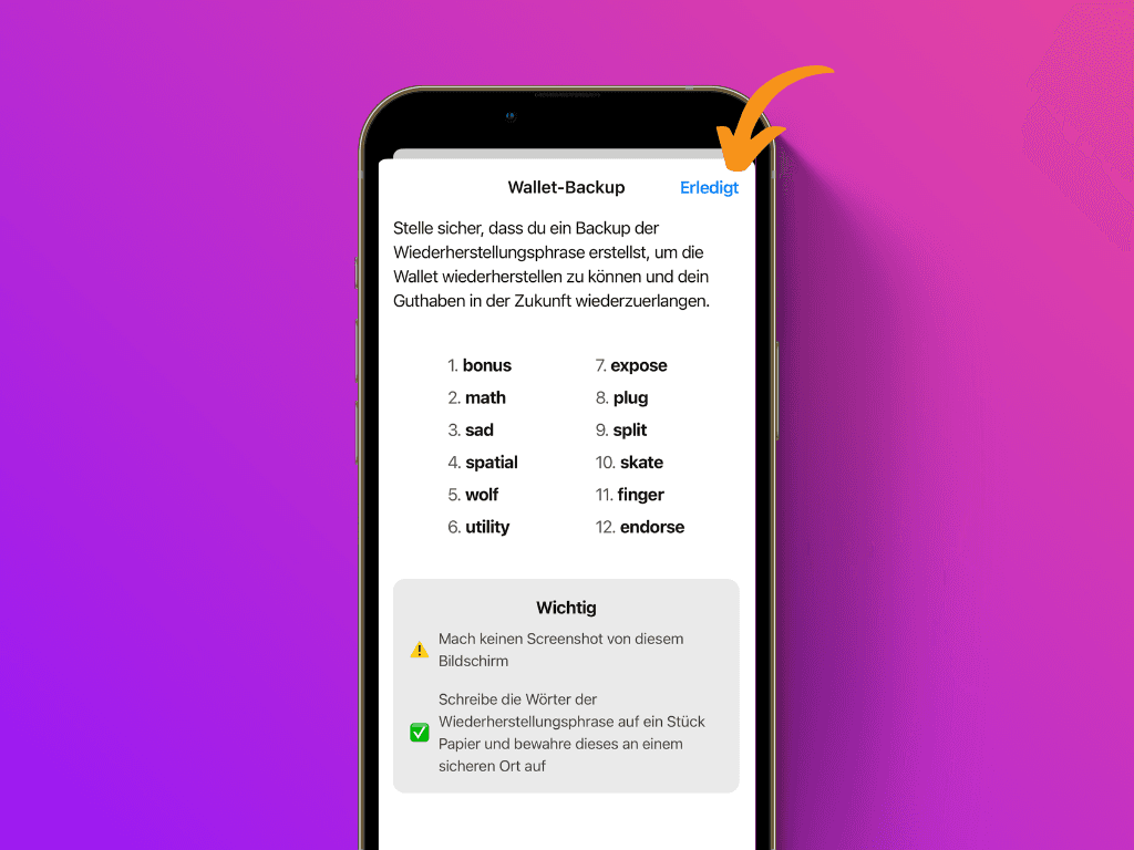Bildschirmfoto der Bitkipi App mit angezeigter Wiederherstellungsphrase
