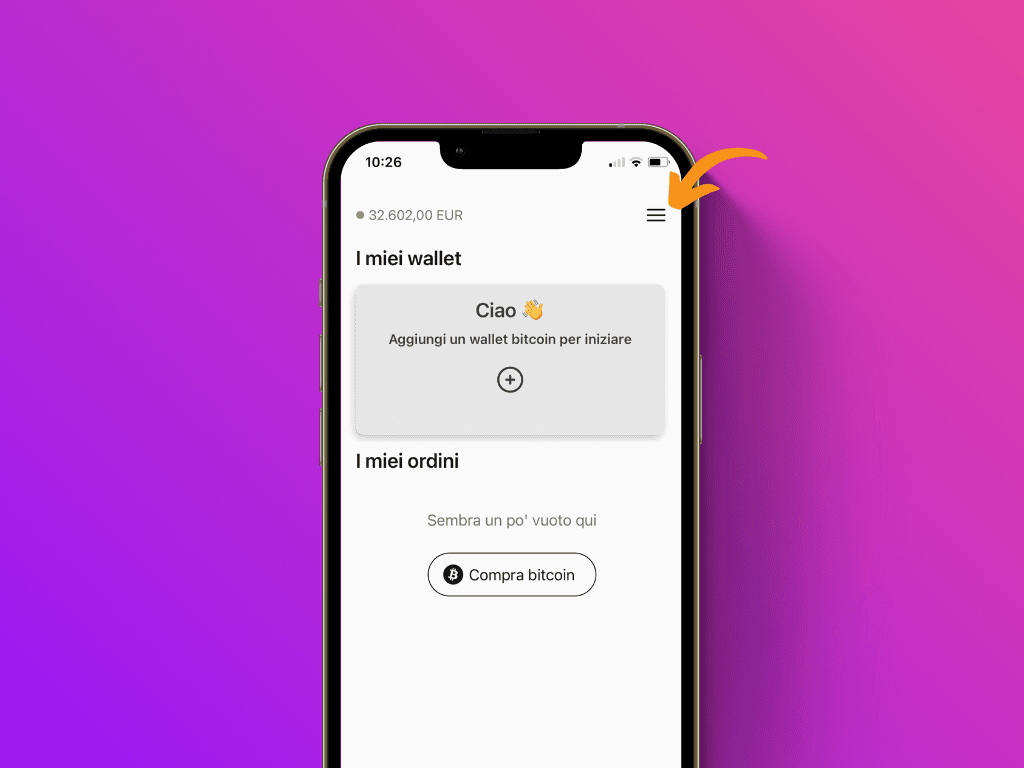 Schermata dell'app Pocket con il puntatore sull'icona del menu