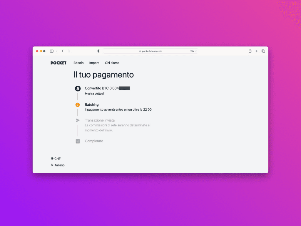 Schermata del sito web per il monitoraggio della transazione Bitcoin prima del pagamento