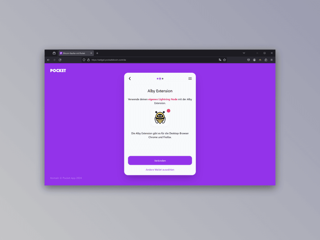 Bildschirmfoto des Startscreens zur Verbindung zwischen Alby und Pockets Lightning Top-Up Service