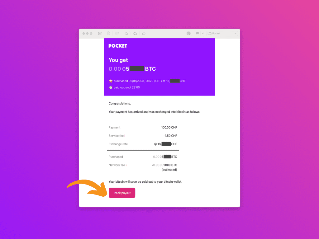 Screenshot of the confirmation email from Pocket for the bitcoin purchase