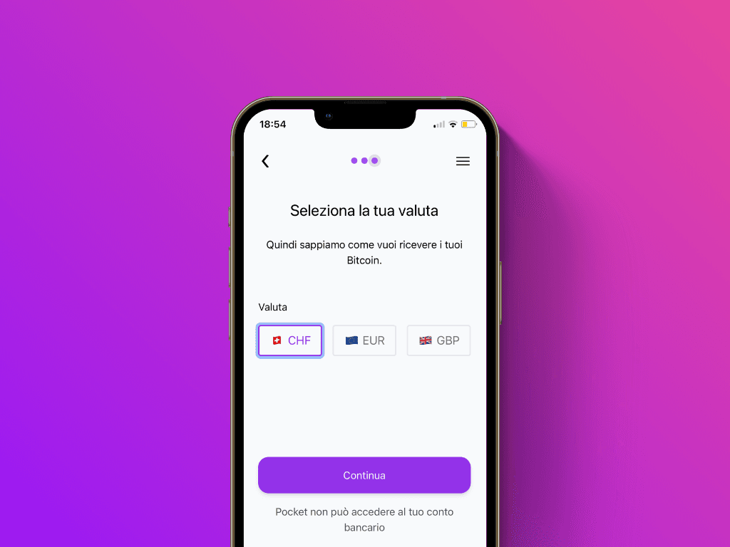 Schermata di selezione della valuta del servizio di ricarica Lightning di Pocket