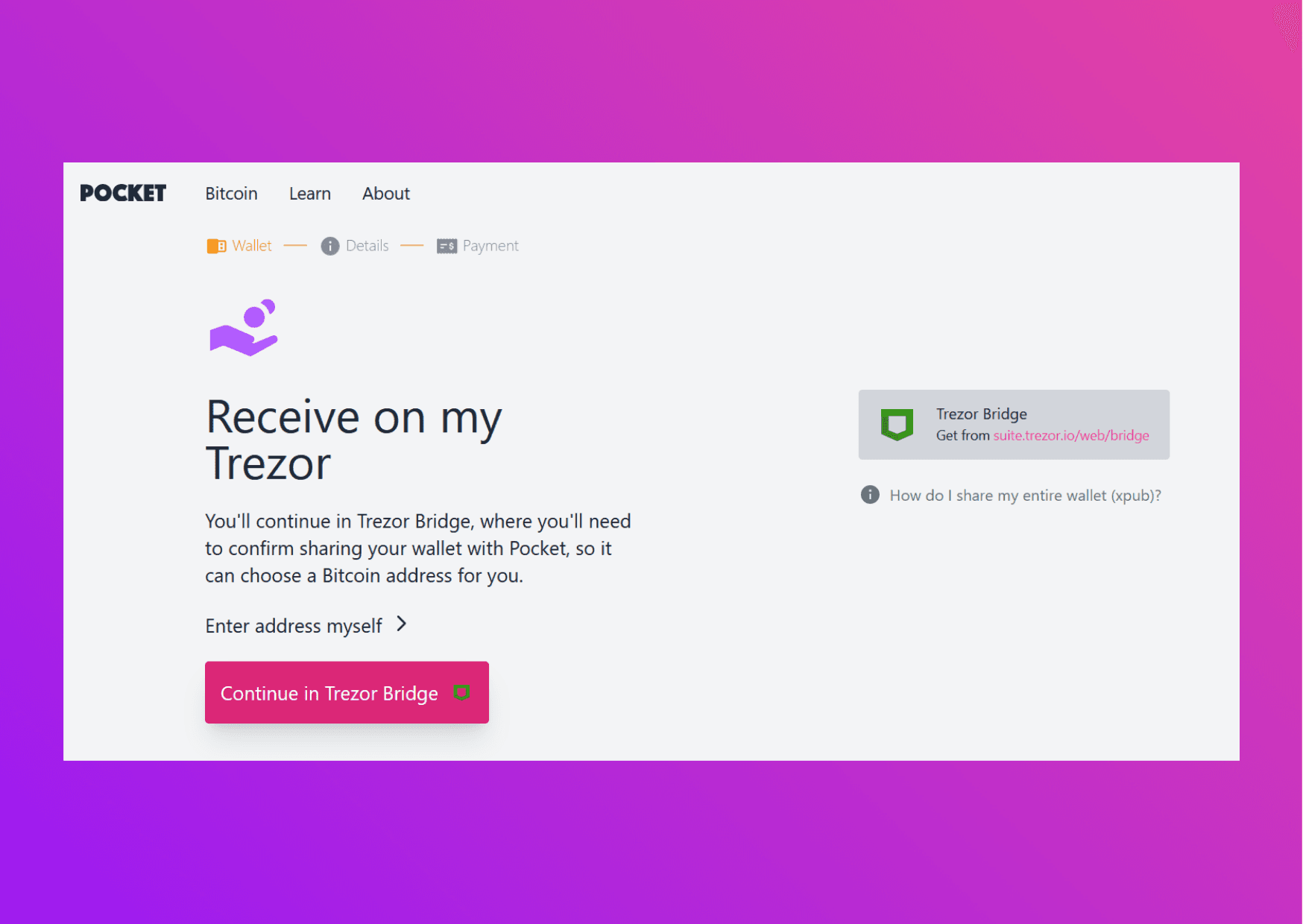 Screenshot of the Pocket website with the existing bitcoin wallet option