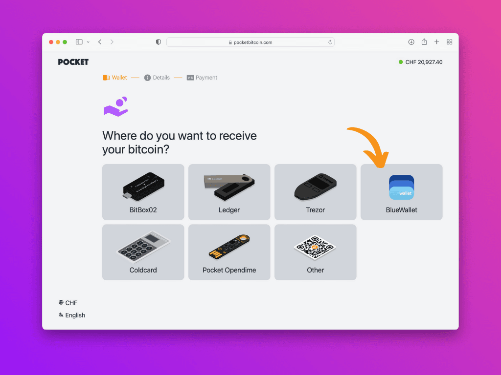 Screenshot showing the Pocket website with the BlueWallet option