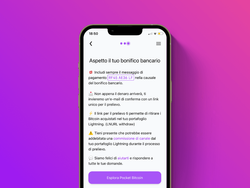 Schermata di conferma con i dettagli di pagamento del servizio di ricarica Lightning di Pocket