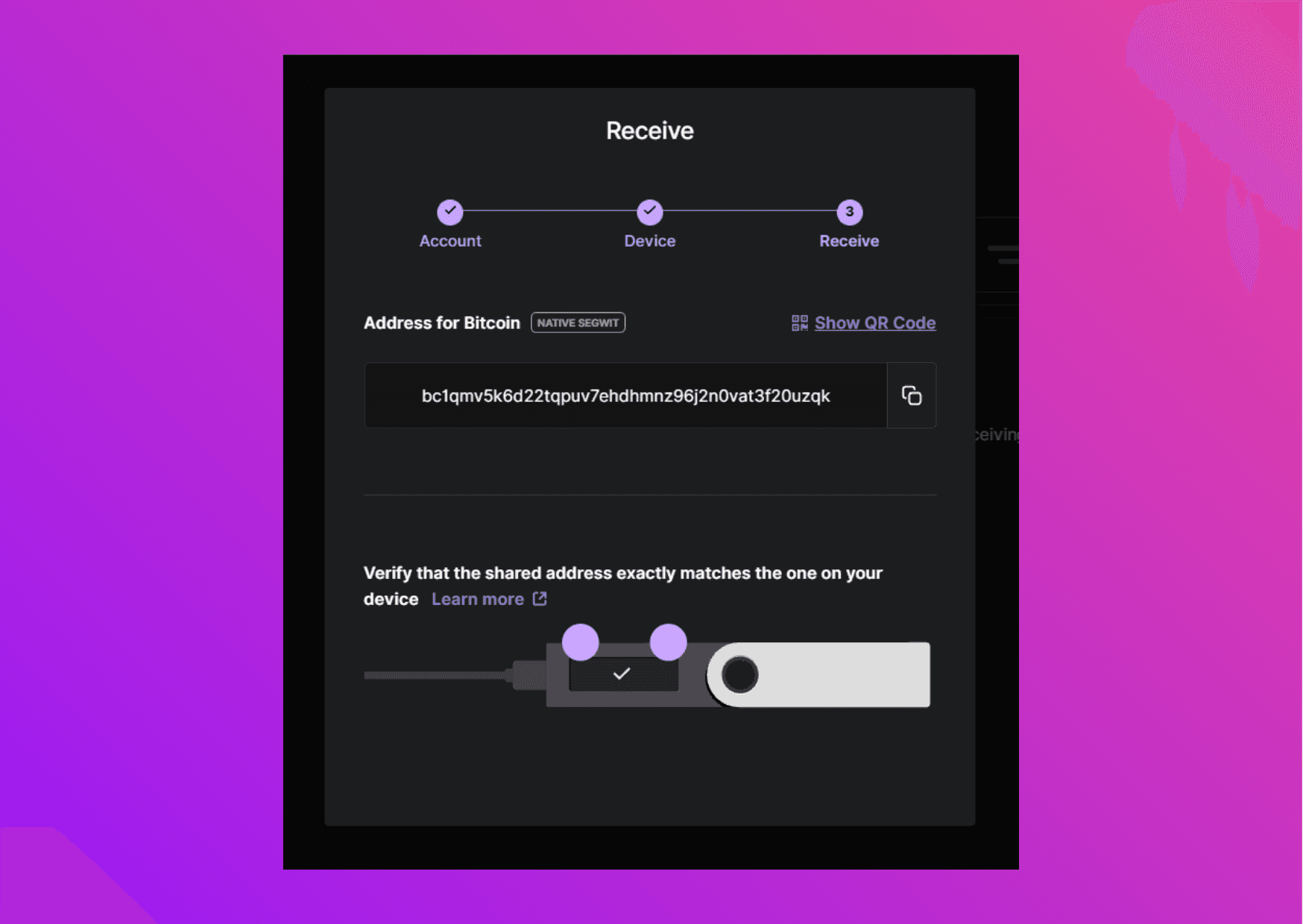 Screenshot Ledger Live with the bitcoin address