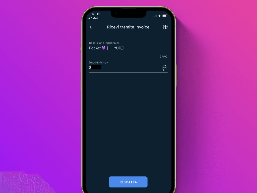 Schermata della richiesta di pagamento dell'app Breez
