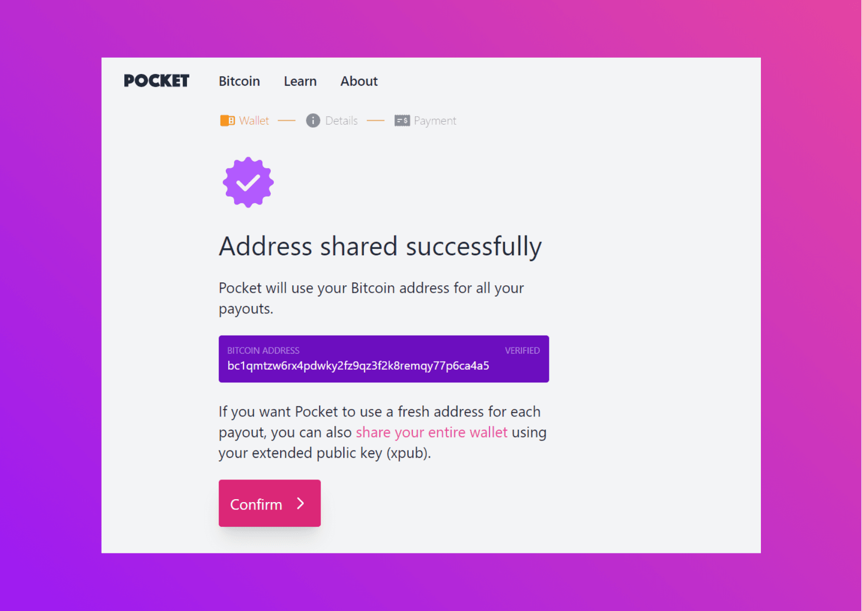 Screenshot showing Pocket website with confirmed address