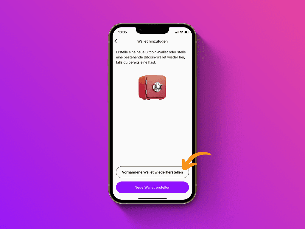 Bildschirmfoto der Pocket App mit Zeiger auf den Button "Vorhandene Wallet wiederherstellen"