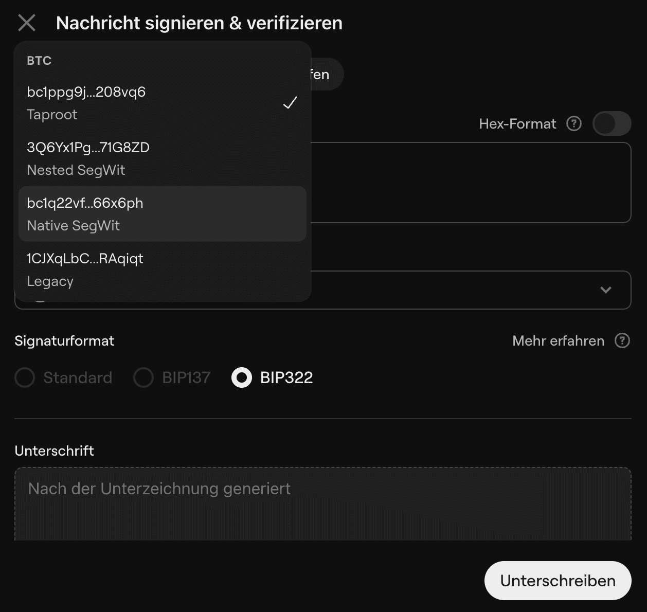 Sign menu select address