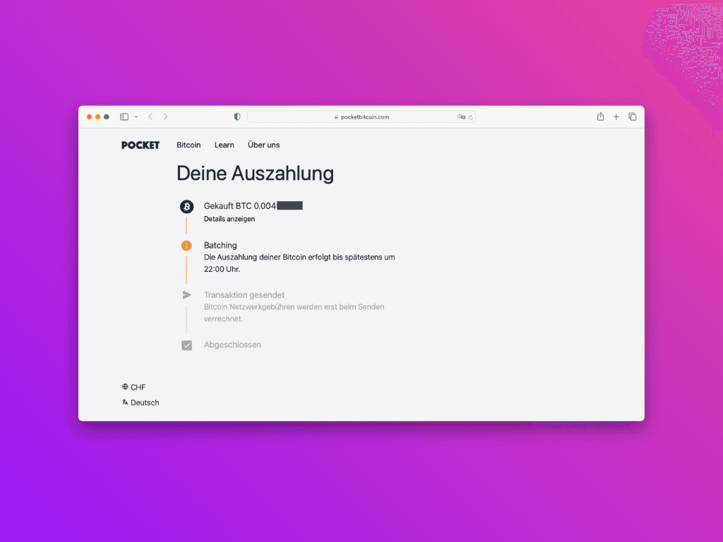 Bildschirmfoto der Webseite zur Nachverfolgung der Bitcoin-Transaktion vor Auszahlung