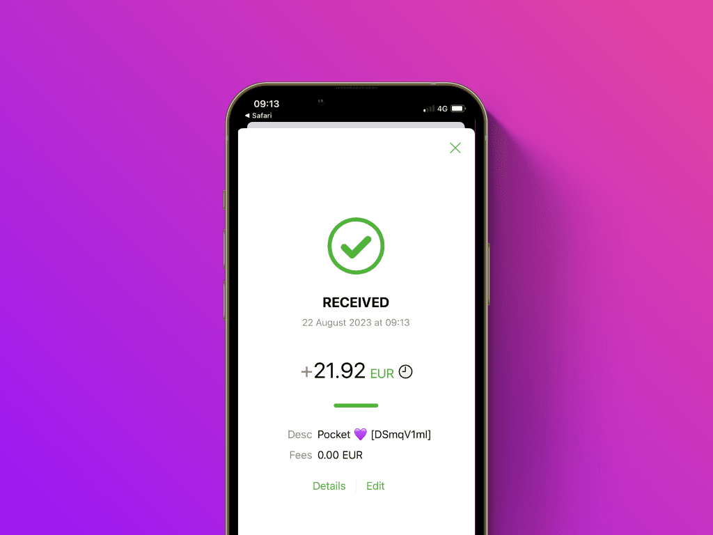 Screenshot of the payment receipt confirmation screen of the Phoenix App