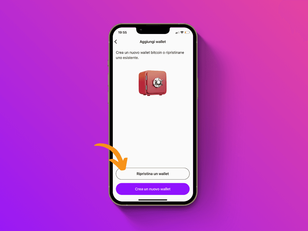 Schermata dell'app Pocket con puntatore sul pulsante "Ripristina un wallet"
