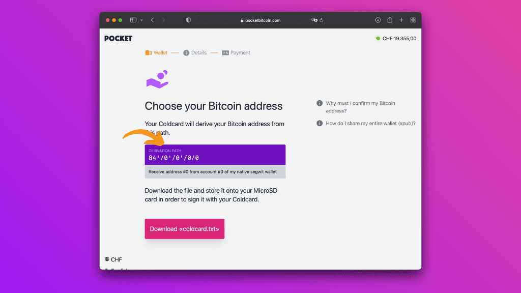 Screenshot with the Pocket website entering the derivation path of your bitcoin address
