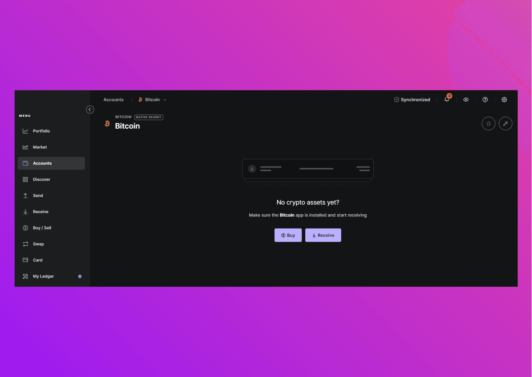 Screenshot Ledger Live with the selected bitcoin account
