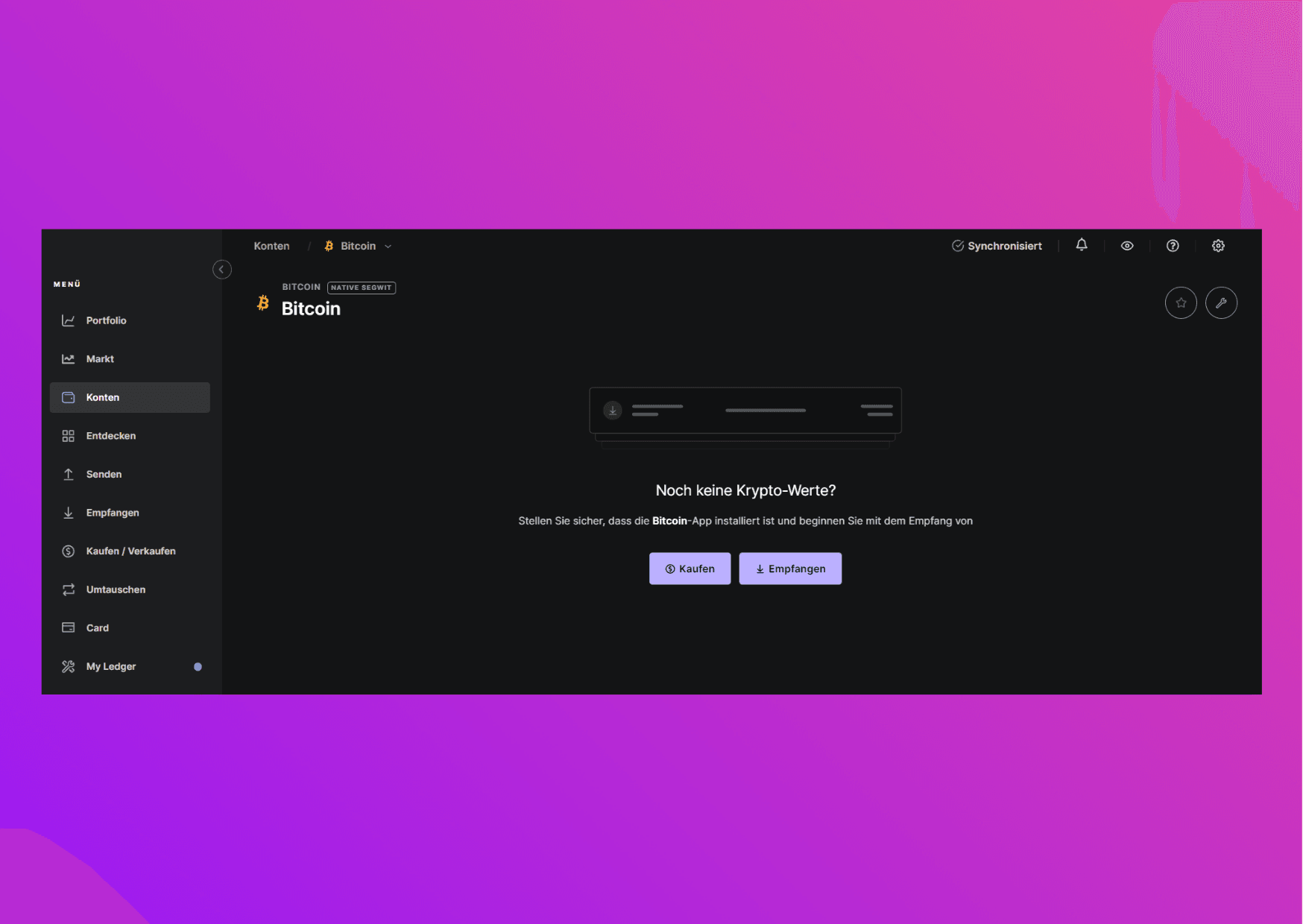 Bildschirmfoto Ledger Live mit dem auswählten Bitcoin Konto