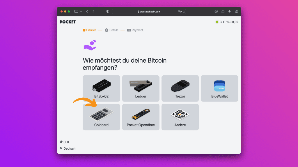 Bildschirmfoto mit der Pocket-Website mit der Option Coldcard