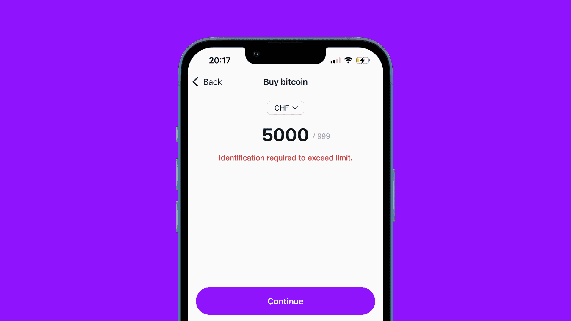 Pocket App bitcoin buy screen communicating that a CHF 5000 purchase exceeds available limit of CHF 999 and identification is needed to proceed.