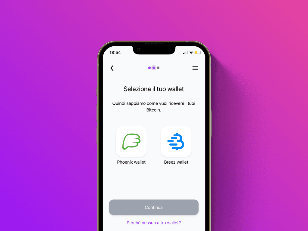 Schermata di selezione del wallet del servizio di ricarica Lightning di Pocket